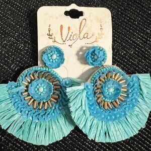 Viola Aqua Blue Beaded Fringe Statement Earrings – Handmade Look